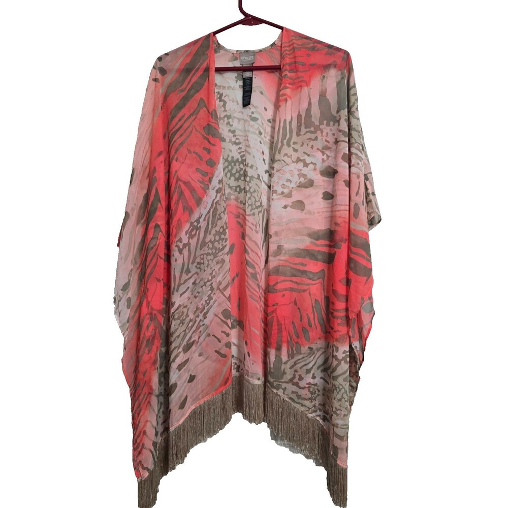 Chico's Size L/XL Womens Tunic Top Fringe Open Front Cardigan Blouse
